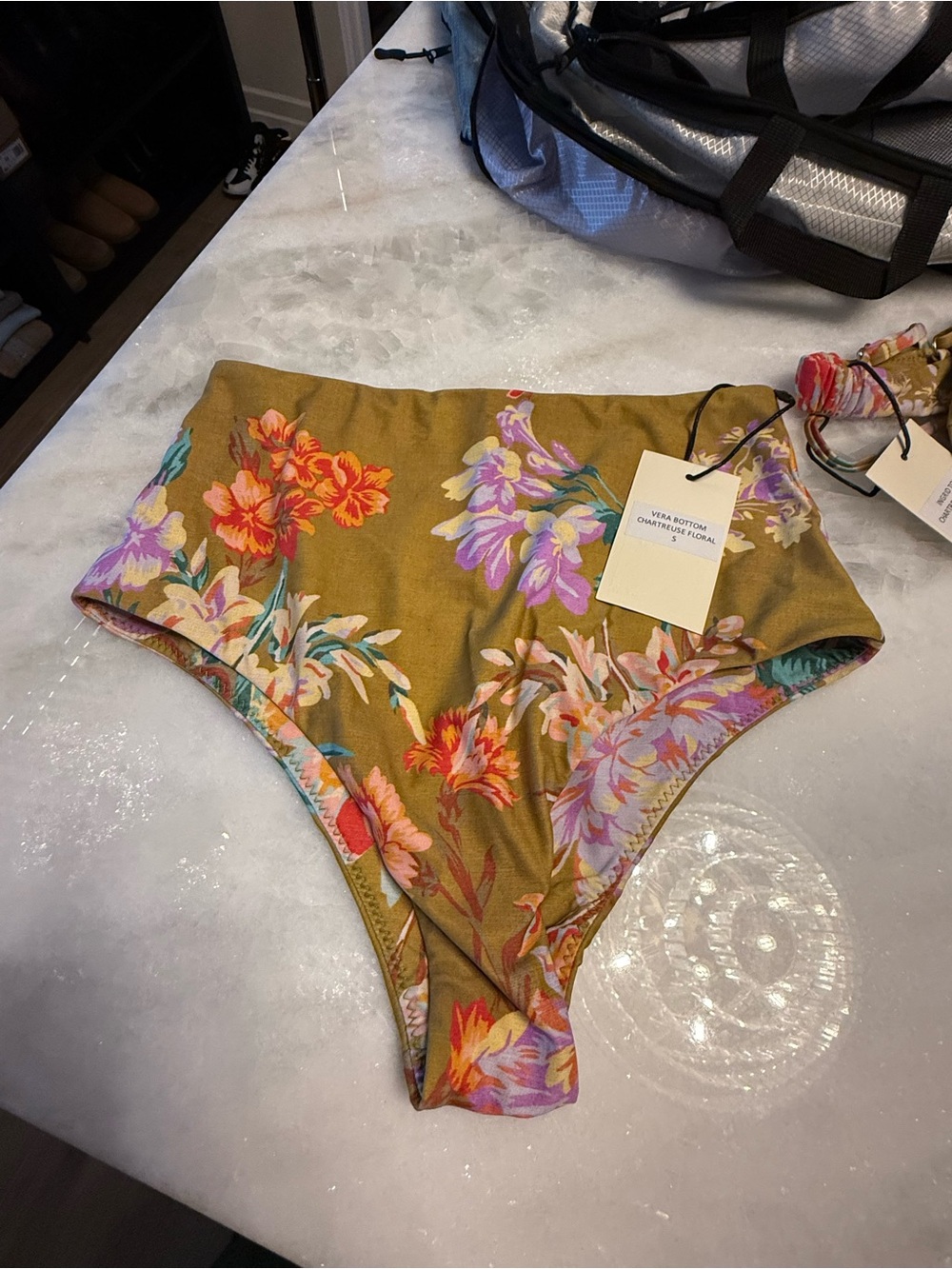 Floral High-Waist Bikini Bottoms in Olive Green